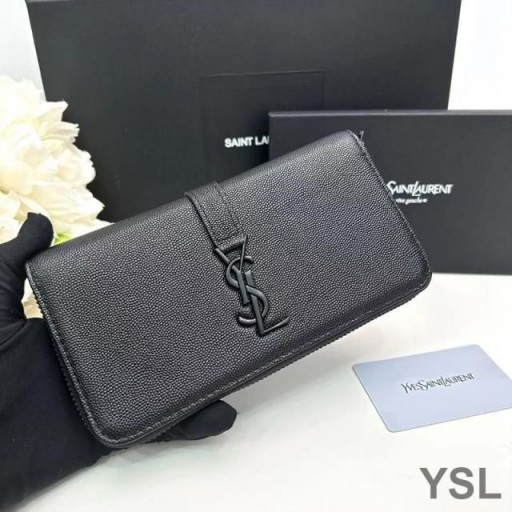 Yves Saint Laurent Large Line Zip Around Wallet In Grained Leather Black