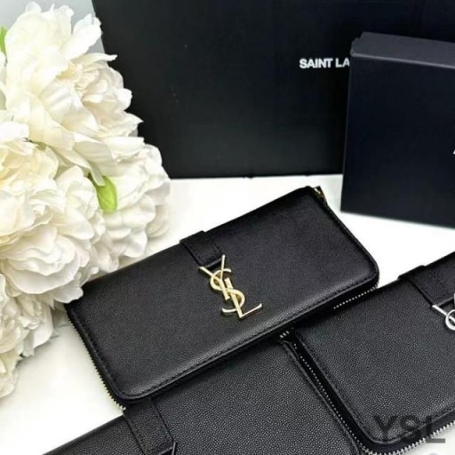 Yves Saint Laurent Large Line Zip Around Wallet In Grained Leather Black/Gold