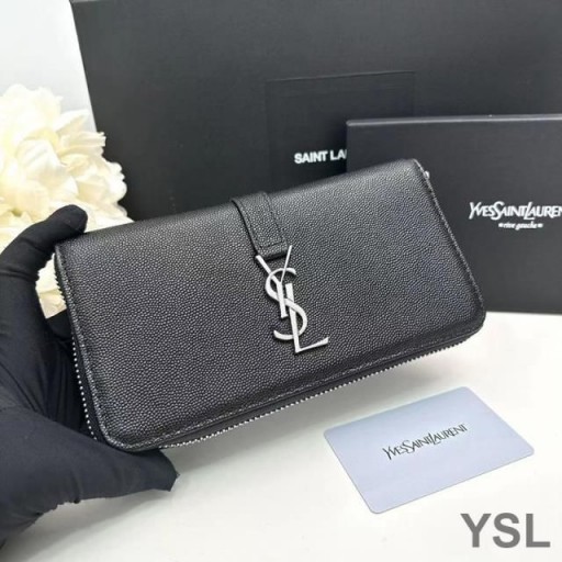 Yves Saint Laurent Large Line Zip Around Wallet In Grained Leather Black/Silver