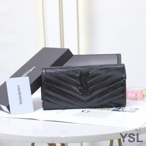 Yves Saint Laurent Large Monogram Flap Wallet In Crinkled Matelasse Leather Black
