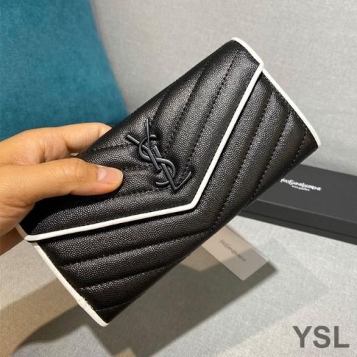 Yves Saint Laurent Large Monogram Flap Wallet In Grained Matelasse Leather Black/White
