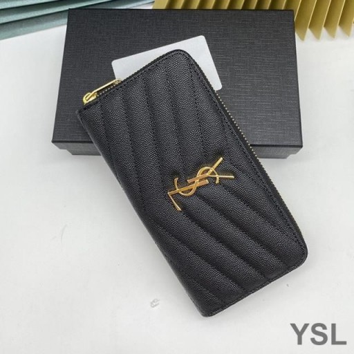 Yves Saint Laurent Large Monogram Zip Around Wallet In Grained Matelasse Leather Black/Gold