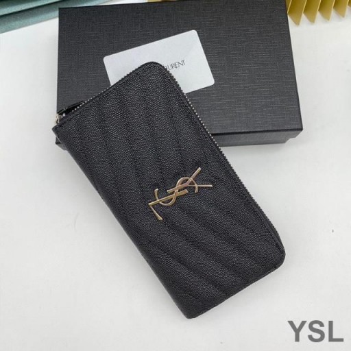 Yves Saint Laurent Large Monogram Zip Around Wallet In Grained Matelasse Leather Black/Silver