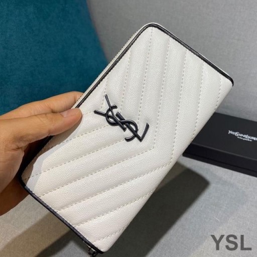 Yves Saint Laurent Large Monogram Zip Around Wallet In Grained Matelasse Leather White/Black