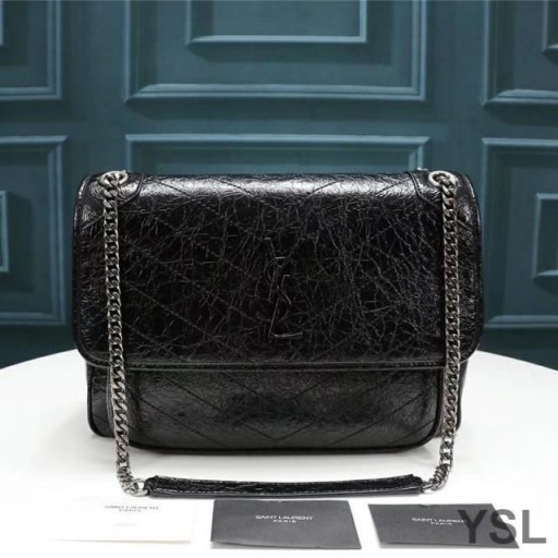 Yves Saint Laurent Large Niki Chain Bag In Crinkled And Quilted Leather Black/Silver