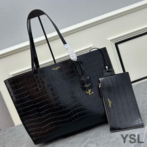 Yves Saint Laurent Large Shopping Bag In Crocodile-Embossed Leather Black