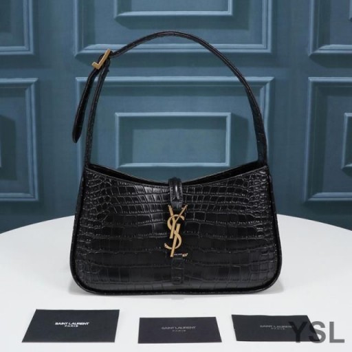 Yves Saint Laurent Le 5 A 7 Hobo Bag In Crocodile-Embossed Shiny Leather Black/Gold