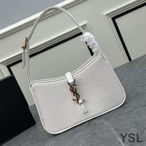Yves Saint Laurent Le 5 A 7 Hobo Bag In Crocodile-Embossed Shiny Leather White/Gold
