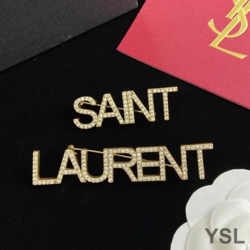 Yves Saint Laurent Logo Brooches Set In Metal and Crystal Gold