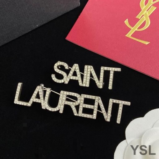 Yves Saint Laurent Logo Brooches Set In Metal and Crystal Silver