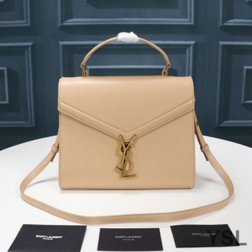 Yves Saint Laurent Medium Cassandra Top Handle Bag In Grained Leather Apricot/Gold