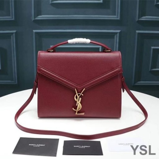 Yves Saint Laurent Medium Cassandra Top Handle Bag In Grained Leather Burgundy/Gold