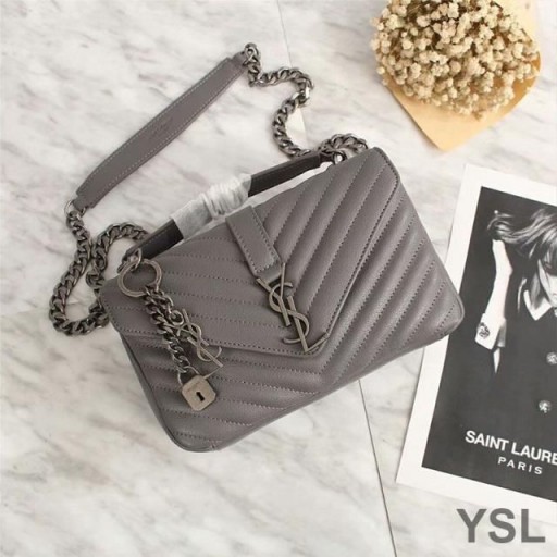 Yves Saint Laurent Medium Classic College Chain Bag In Matelasse Leather Grey/Silver