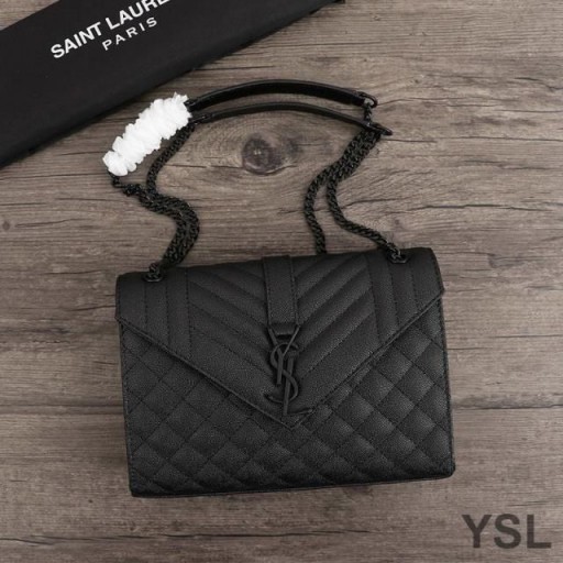Yves Saint Laurent Medium Envelope Chain Bag In Mixed Grained Matelasse Leather Black