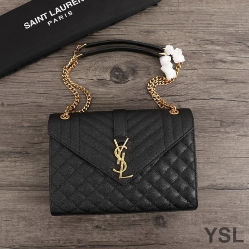 Yves Saint Laurent Medium Envelope Chain Bag In Mixed Grained Matelasse Leather Black/Gold
