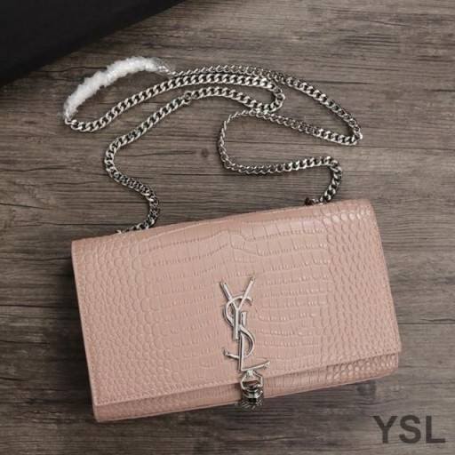 Yves Saint Laurent Medium Kate Chain Bag with Tassel In Crocodile Embossed Shiny Leather Pink/Silver