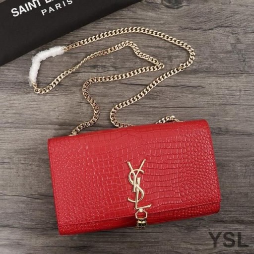 Yves Saint Laurent Medium Kate Chain Bag with Tassel In Crocodile Embossed Shiny Leather Red/Gold