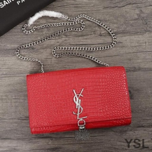 Yves Saint Laurent Medium Kate Chain Bag with Tassel In Crocodile Embossed Shiny Leather Red/Silver
