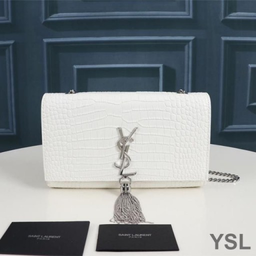 Yves Saint Laurent Medium Kate Chain Bag with Tassel In Crocodile Embossed Shiny Leather White/Silver