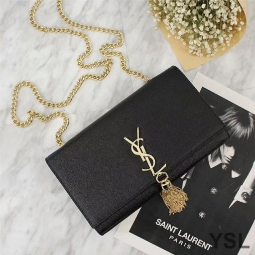 Yves Saint Laurent Medium Kate Chain Bag with Tassel In Grained Leather Black/Gold