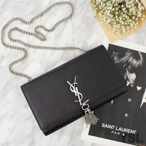 Yves Saint Laurent Medium Kate Chain Bag with Tassel In Grained Leather Black/Silver