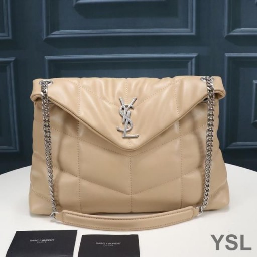 Yves Saint Laurent Medium Loulou Puffer Bag In Quilted Lambskin Apricot/Silver