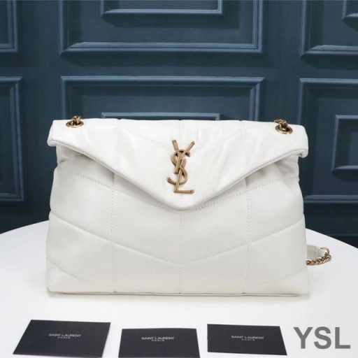 Yves Saint Laurent Medium Loulou Puffer Bag In Quilted Lambskin White/Gold