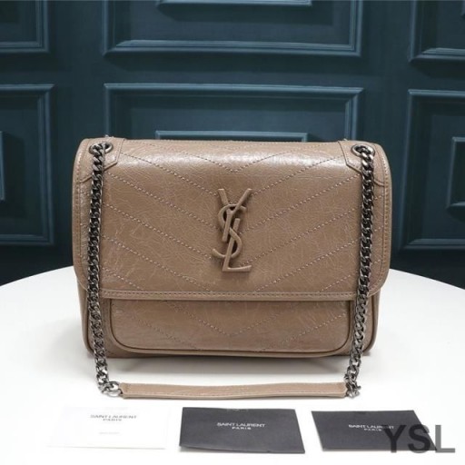 Yves Saint Laurent Medium Niki Chain Bag In Crinkled And Quilted Leather Apricot/Silver