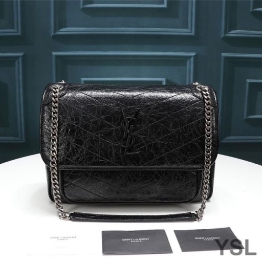 Yves Saint Laurent Medium Niki Chain Bag In Crinkled And Quilted Leather Black/Silver