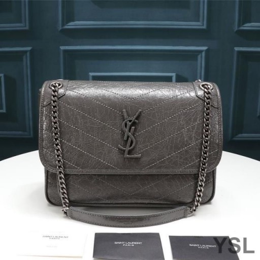 Yves Saint Laurent Medium Niki Chain Bag In Crinkled And Quilted Leather Grey/Silver