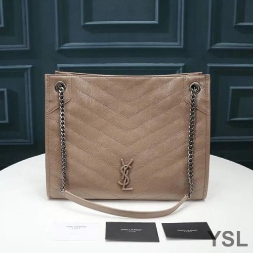 Yves Saint Laurent Medium Niki Shopping Bag In Crinkled Vintage Leather Apricot/Silver