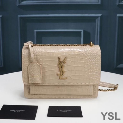 Yves Saint Laurent Medium Sunset Chain Bag In Crocodile Embossed Leather Apricot/Gold