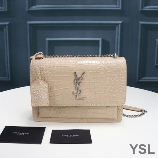 Yves Saint Laurent Medium Sunset Chain Bag In Crocodile Embossed Leather Apricot/Silver