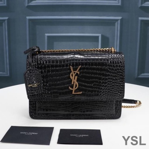 Yves Saint Laurent Medium Sunset Chain Bag In Crocodile Embossed Leather Black/Gold