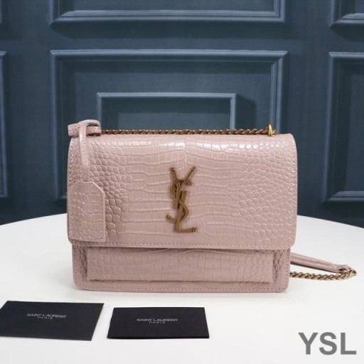 Yves Saint Laurent Medium Sunset Chain Bag In Crocodile Embossed Leather Pink/Gold