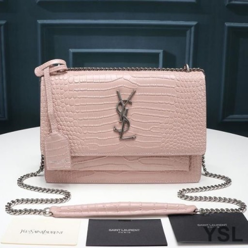 Yves Saint Laurent Medium Sunset Chain Bag In Crocodile Embossed Leather Pink/Silver