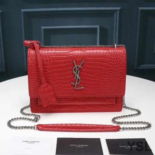 Yves Saint Laurent Medium Sunset Chain Bag In Crocodile Embossed Leather Red/Silver