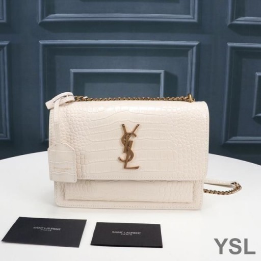 Yves Saint Laurent Medium Sunset Chain Bag In Crocodile Embossed Leather White/Gold
