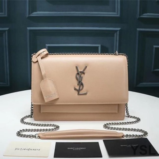 Yves Saint Laurent Medium Sunset Chain Bag In Leather Apricot/Silver