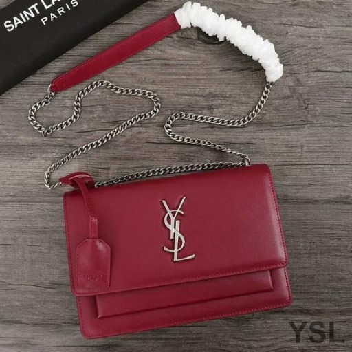 Yves Saint Laurent Medium Sunset Chain Bag In Leather Red/Silver