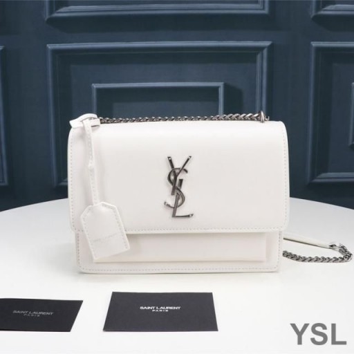 Yves Saint Laurent Medium Sunset Chain Bag In Leather White/Silver