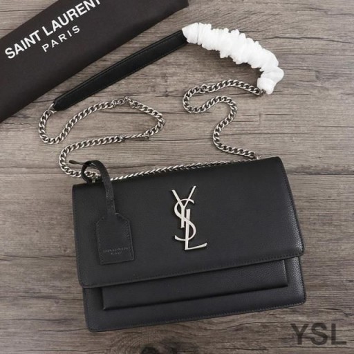 Yves Saint Laurent Medium Sunset Chain Bag In Textured Leather Black/Silver