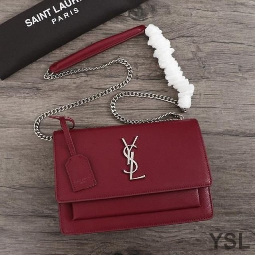 Yves Saint Laurent Medium Sunset Chain Bag In Textured Leather Burgundy/Silver