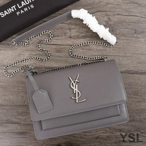 Yves Saint Laurent Medium Sunset Chain Bag In Textured Leather Grey/Silver