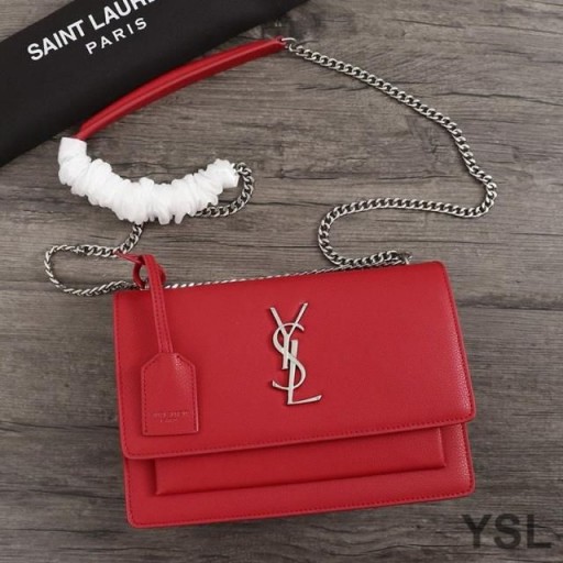 Yves Saint Laurent Medium Sunset Chain Bag In Textured Leather Red/Silver