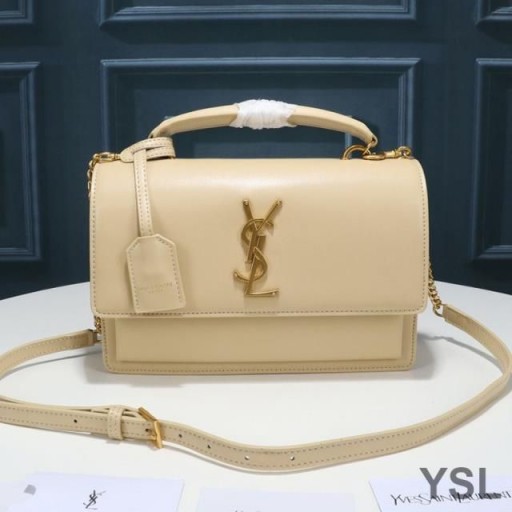 Yves Saint Laurent Medium Sunset Satchel In Smooth Leather Apricot/Gold