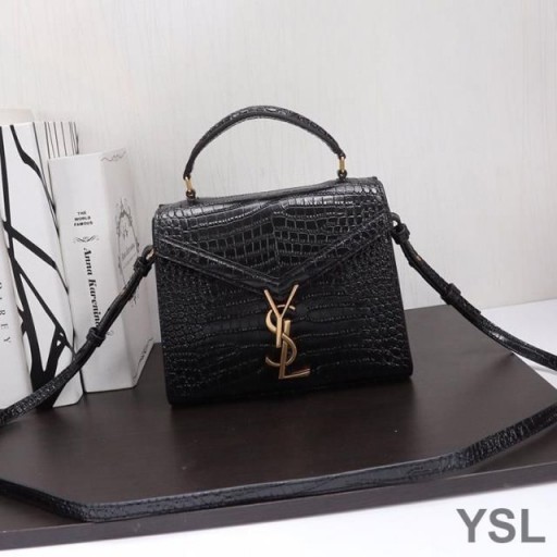 Yves Saint Laurent Mini Cassandra Top Handle Bag In Crocodile Embossed Leather Black/Gold