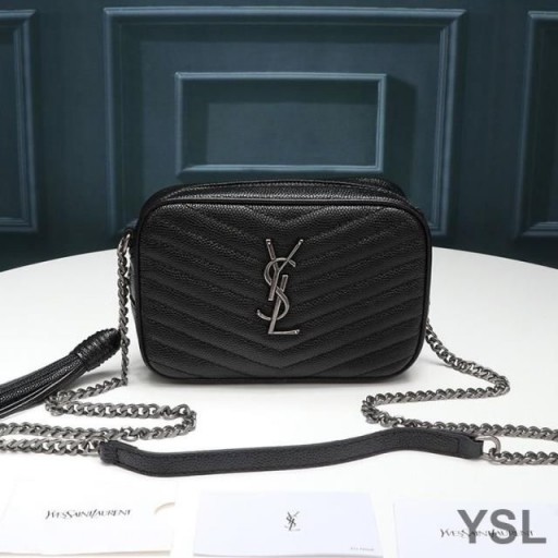 Yves Saint Laurent Mini Lou Camera Bag In Textured Matelasse Leather Black/Silver