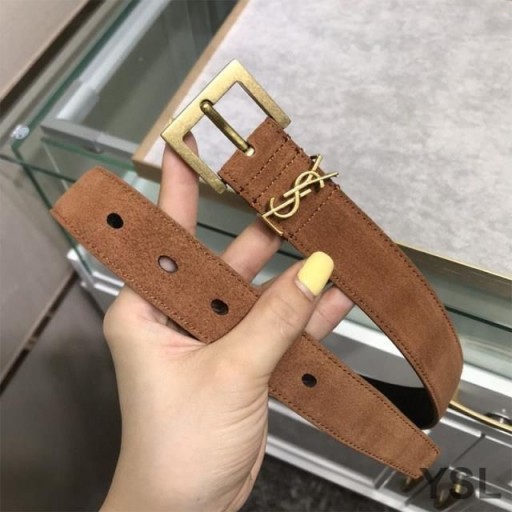 Yves Saint Laurent Monogram Belt With Square Buckle In Suede Brown/Gold