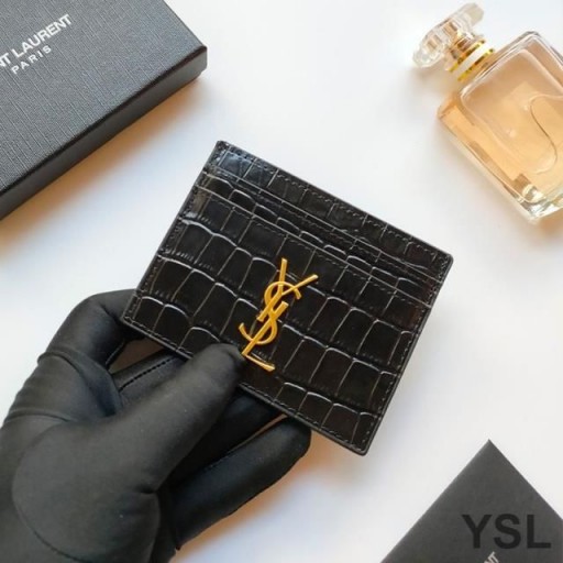 Yves Saint Laurent Monogram Card Case In Crocodile Embossed Leather Black/Gold